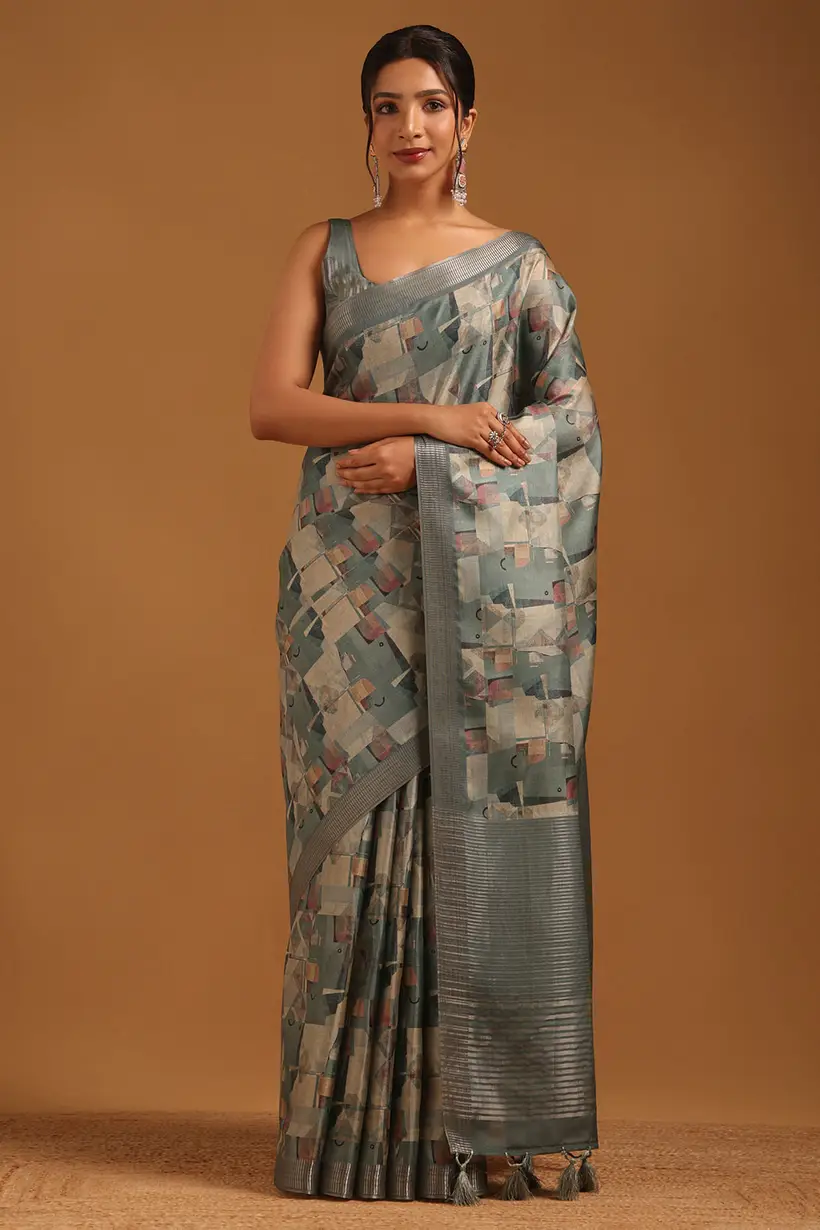 turquoise blue tussar abstract saree womens soch